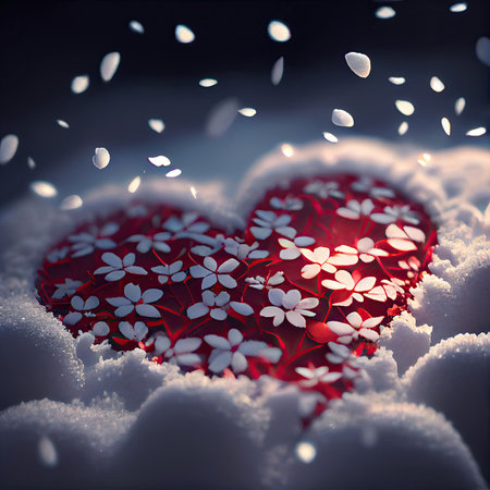 Red heart shape lying in snow with white flowers. Petals flying. Symbol of love, romance. Generative AI.の素材