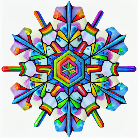 Beautiful high-deyaoled close up illustration of multicolored snowflake. AI generative.の素材