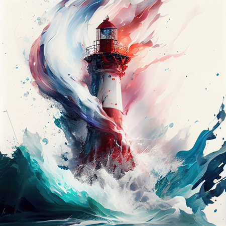 Lighthouse with multicolored paints splash on light background. AI generative.の素材