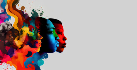 Different people abstract colorful faces. Ethnic diversity of nationalities. AI generative.の素材