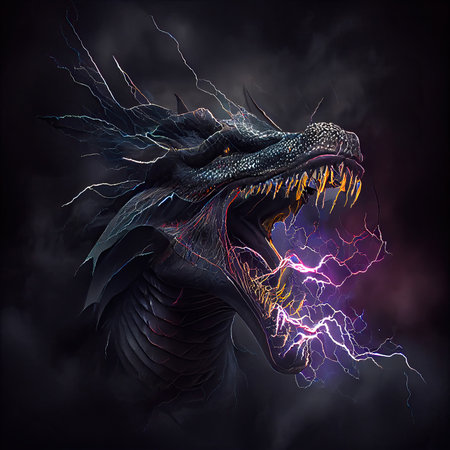 Black dragon head with open mouth creature in lightning storm. AI generative.の素材