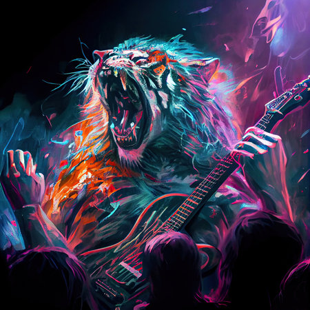 Tiger with hands playing guitar in night club. Music band concert. T shirt print. Generative AI.の素材