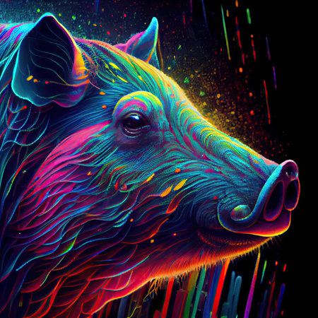 Cute multicolored smiling pig head, side view. Rainbow gradient paints. Generative AI.の素材