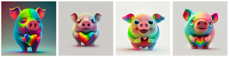 Adorable isolated pigs with hearts. Vivid colors. AI generative.の素材