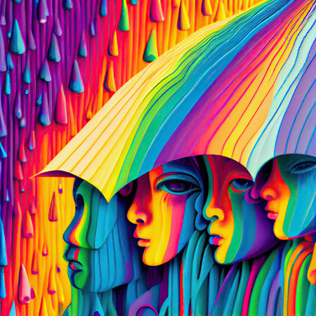 Abstract faces with big umbrella and pouring rain. Rainbow liquid colors. Generative AI.の素材