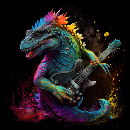 Colorful reptile on black background playing guitar. Rainbow gradient colors splash. Generative AI.の素材