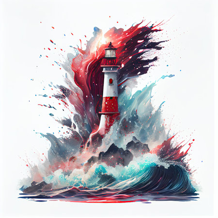Lighthouse with multicolored paints splash on light background. AI generative.の素材