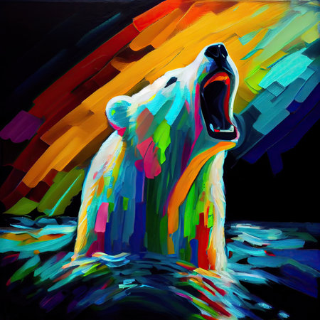 White polar bear roaring. Rainbow gradient colors brush strokes. Generative AI.の素材