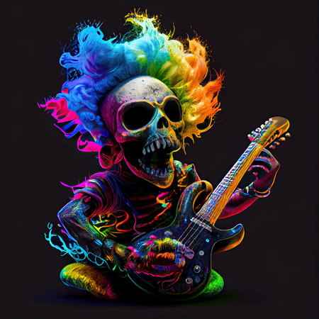 Isolated baby skeleton playing guitar. Rainbow gradient colors hair. Generative AI.の素材