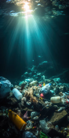 Massive garbage pollution of world rivers, seas and oceans and its bottoms. Seabed covered with a lot of trash.  AI generative illustration.の素材