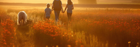 Family with dog on the trip on poppy flowers field at the sunset.  Summertime in the countryside. AI generative illustration.の素材