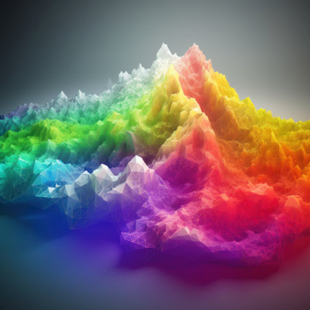 Gradient rainbow colored topographic grid terrain with hills and mountains, like 3D polygonal rendering. AI generative illustration.の素材