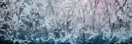 Frozen twigs winter landscape with frost-covered dry plants. Winter Christmas background. AI generative illustration.の素材