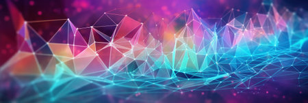 Abstract colorful spectrum digital data social network communication horizontal background. Connection polygonal structure.  AI generative illustration.の素材