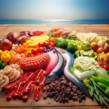 Fresh fish and seafood and vegetables colorful arrangement composition on wood table. AI generative illustration.の素材