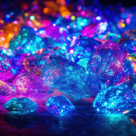 Night view of decorated christmas festive garlands on a dark background with bokeh. Reflection of colorful holographic lights in the snow. AI generative illustration.の素材