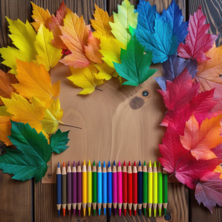 Set of rainbow colored autumn leaves with free space for text on wood background. AI generative illustration.の素材