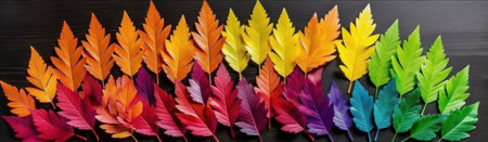 Set of rainbow colored autumn leaves on wood background. AI generative illustration.の素材