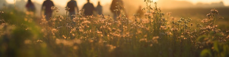 Defocused people on meadow field at the sunset. Summertime in the countryside. AI generative illustration.の素材