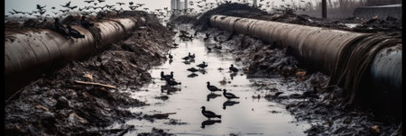 Black birds sitting on dirty oil black pipe. Concrete Drainage Pipe on a Construction Site. AI generative illustration.の素材