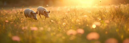 Cute pigs grazing at summer defocused meadow under sky. Agriculture natural AI generative illustration.の素材