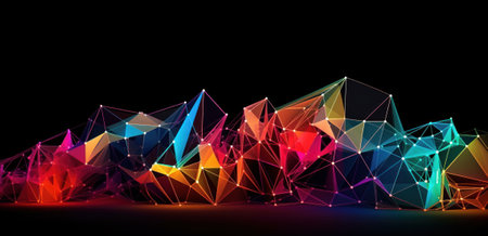 Abstract colorful spectrum digital data social network communication horizontal background. Connection polygonal structure.  AI generative illustration.の素材