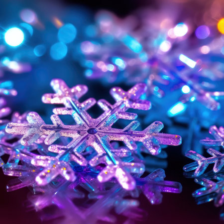 Soft purple and blue gradation snowflake winter square background with defocused bokeh. AI generative illustration.の素材