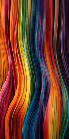 Beautiful smooth elegant wavy rainbow colorful satin silk luxury cloth fabric texture, abstract background design with copy space. AI generative illustration.の素材