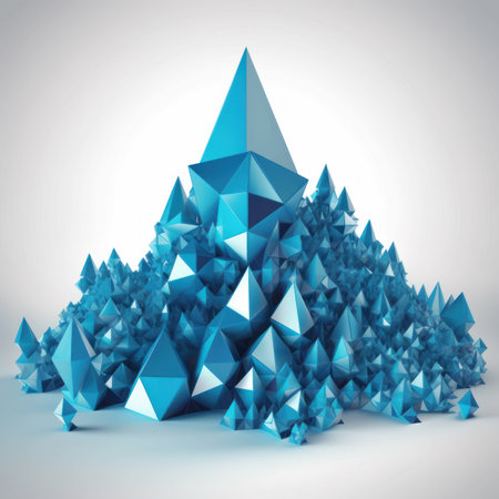 Realistic blue glossy 3D geometric pyramid background. Abstract minimal scene. AI generative illustration.の素材