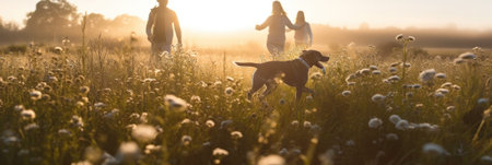 Family with dog on the trip on field with flowers at the sunset. Summertime in the countryside. AI generative illustration.の素材