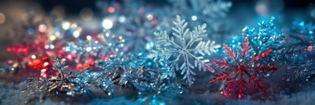 Soft red and blue gradation snowflake winter horizontal banner background. AI generative illustration.の素材