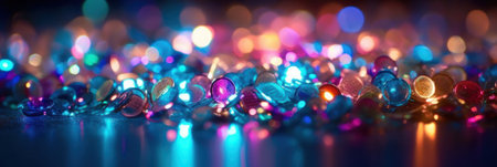 Pink and blue holographic glow confetti particles with amazing bokeh with magical sparkles of light form abstract structures. AI generative illustration.の素材