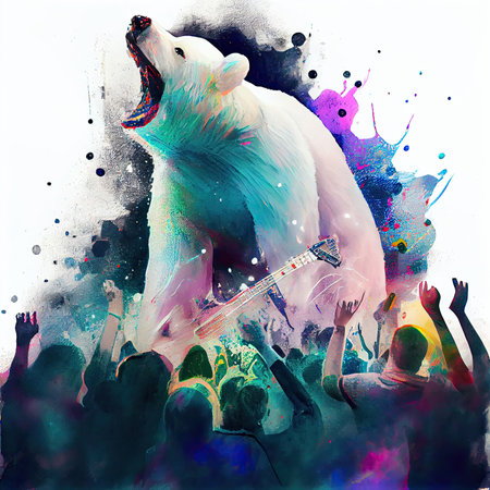 White polar bear playing guitar in night club. T shirt print with splashes. Generative AI.の素材