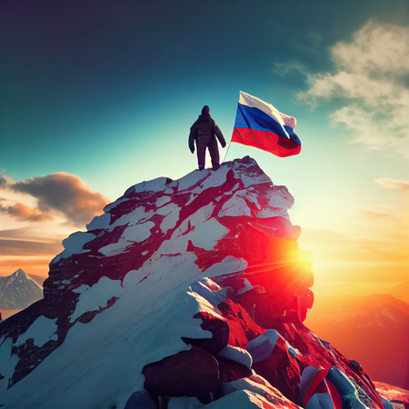 Man with flag of Russia on top of the mountain against the sky. Concept success and achievement. AI generative.の素材