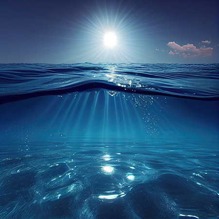 Tranquil blue underwater scene with sunlight and copy space. AI generative.の素材