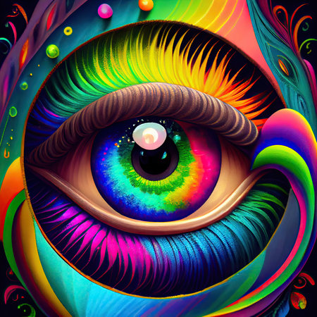 Vivid surreal eye. Rainbow colors. AI generative.の素材