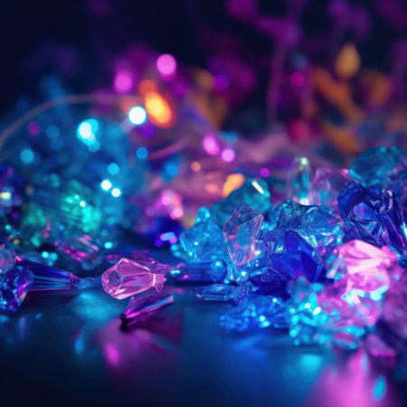 Night view of decorated christmas festive garlands on a dark background with bokeh. Reflection of colorful holographic lights in the snow. AI generative illustration.の素材