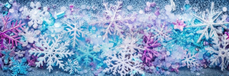 Soft purple and blue gradation snowflake horizontal banner background. AI generative illustration.の素材