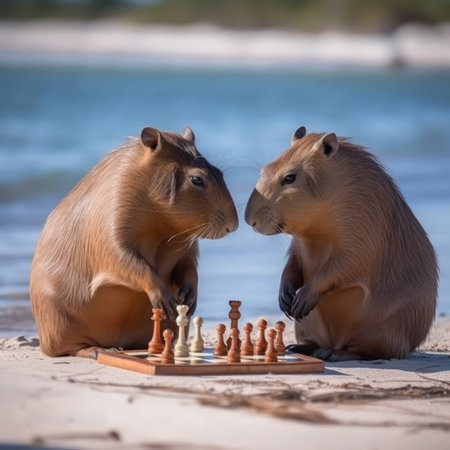 Two cute capybaras playing chess on a sand beach. AI generative illustration.の素材