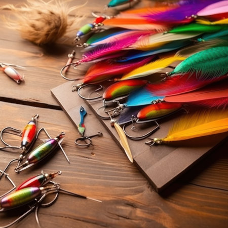 Lot of composition of different multicolored fishing lures on a wooden background. AI generative illustration.の素材