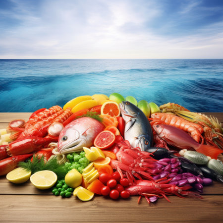 Fresh fish and seafood and vegetables colorful arrangement composition on wood table. AI generative illustration.の素材