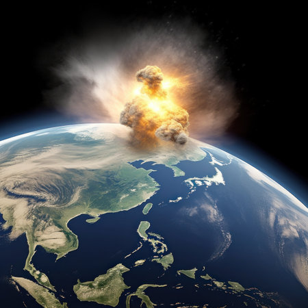 Destroying of planet Earth by asteroid impact in deep space with huge explosion. AI generative illustration.の素材