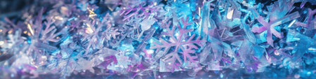 Soft purple and blue gradation snowflake winter horizontal banner background. AI generative illustration.の素材