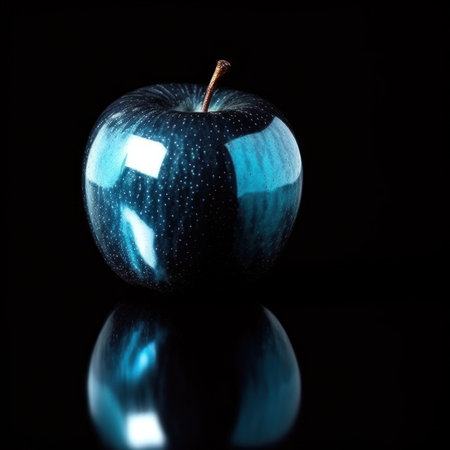 Blue single realistic shiny apple with reflection isolated on black background with shadow. AI generative illustration.の素材