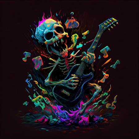 Isolated baby skeleton playing guitar. Rainbow gradient colors. Generative AI.の素材