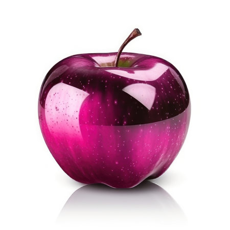 Magenta single realistic shiny apple with water drops isolated on white background with shadow. AI generative illustration.の素材