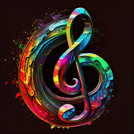 Close-up surreal colorful treble clef. Rainbow gradient colors. AI Generative.の素材