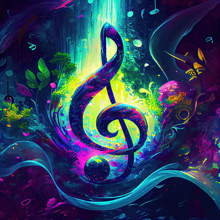 Close-up surreal colorful treble clef, underwater nature. Rainbow gradient colors. AI Generative.の素材
