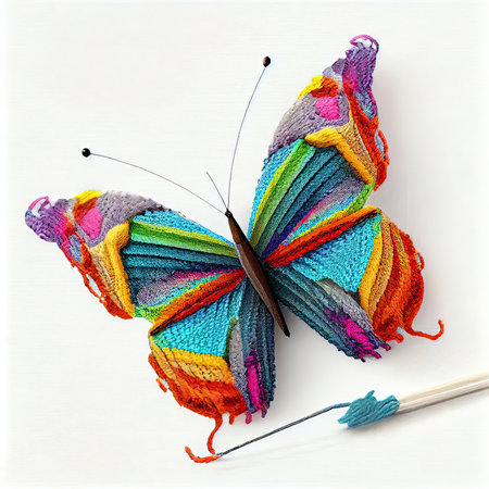 Multicolored illustration of beautiful butterfly on light background. AI generative.の素材