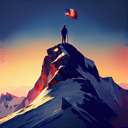 Photo for Man with USA flag on top of the mountain against the sky. Concept success and achievement. AI generative. - Royalty Free Image